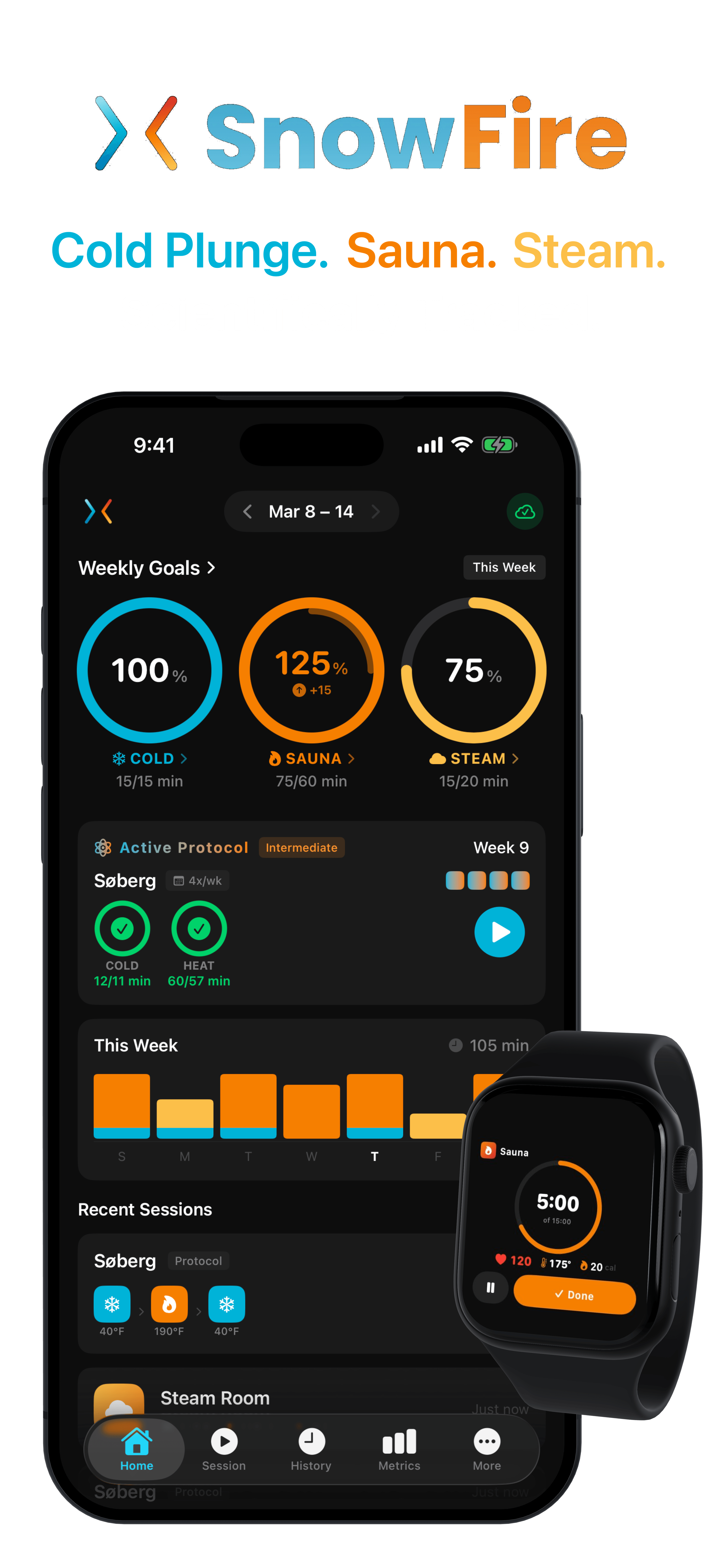SnowFire cold plunge and sauna tracker app — home screen overview
