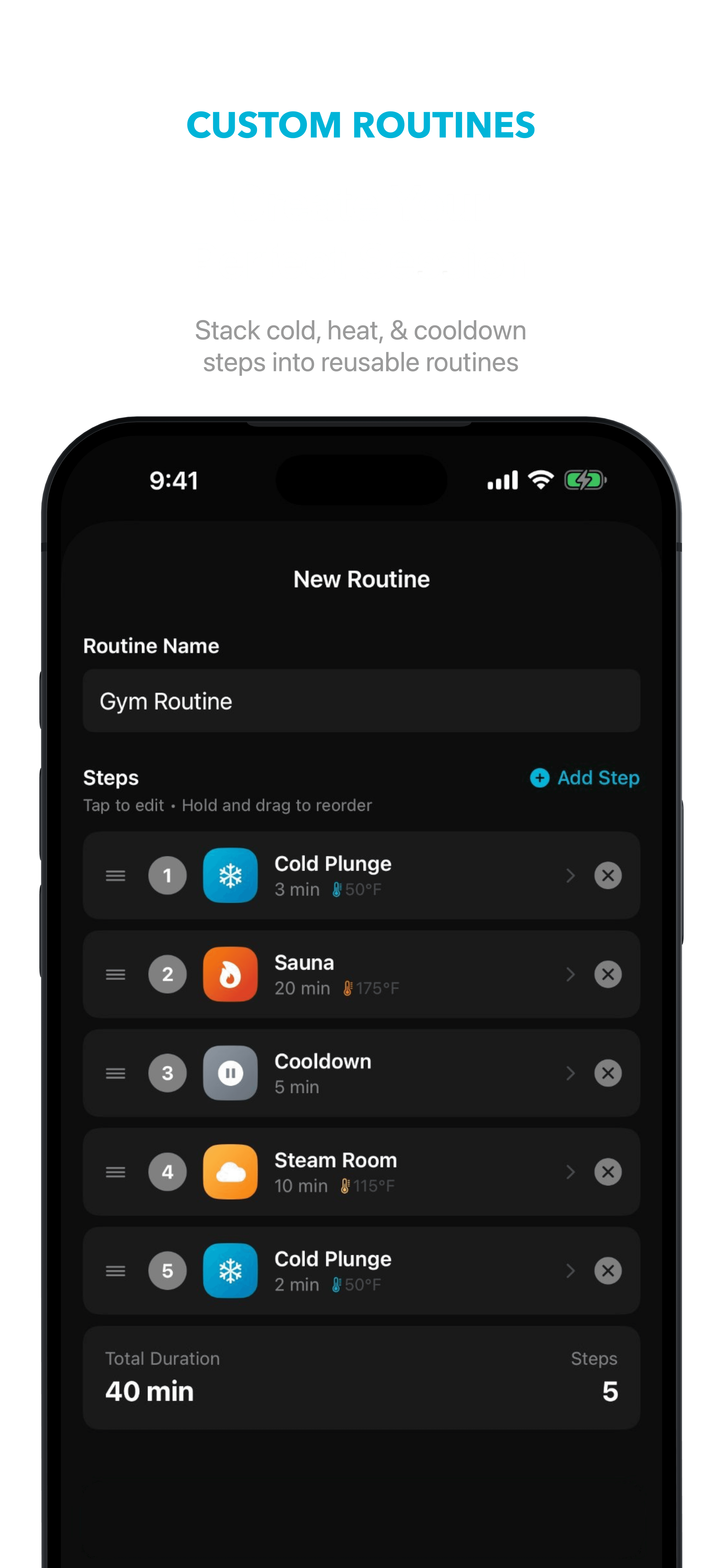 Custom contrast therapy routine builder — cold plunge then sauna sequence